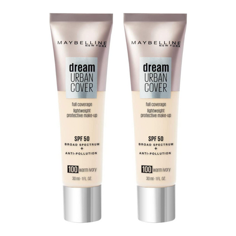 2 x Maybelline Dream Urban Cover Full Coverage Foundation 30ml - 100 Warm Ivory