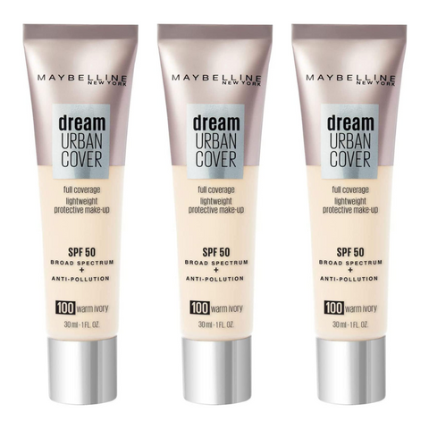 3 x Maybelline Dream Urban Cover Full Coverage Foundation 30ml - 100 Warm Ivory