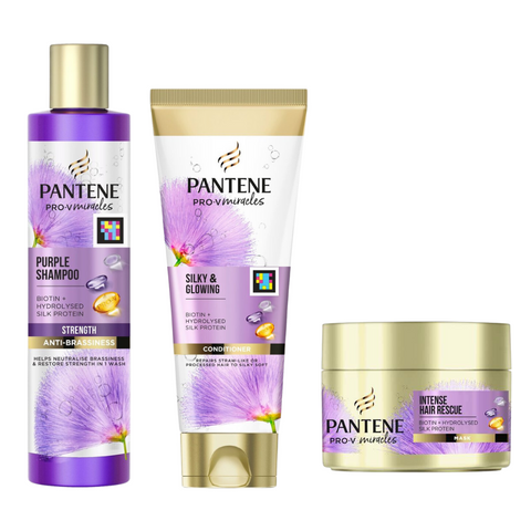 2 x Pantene Pro V Miracles Silk & Glowing Purple Shampoo, Conditioner & Mask Set