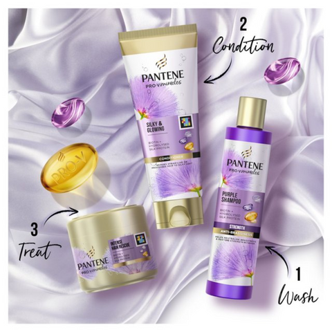 3 x Pantene Pro V Miracles Silk & Glowing Purple Shampoo, Conditioner & Mask Set